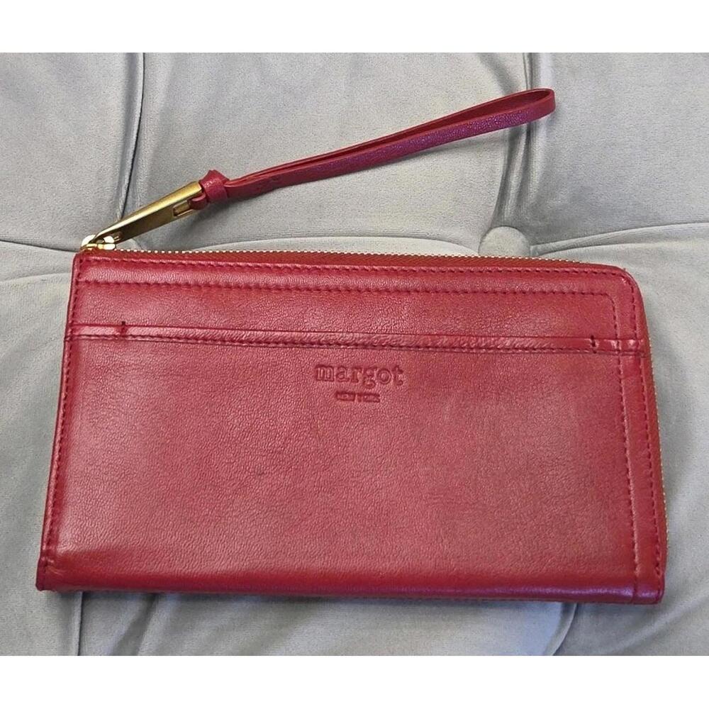 Margot NY Gabby Red Leather Wallet Wristlet Strap Zip Around Clutch Pockets